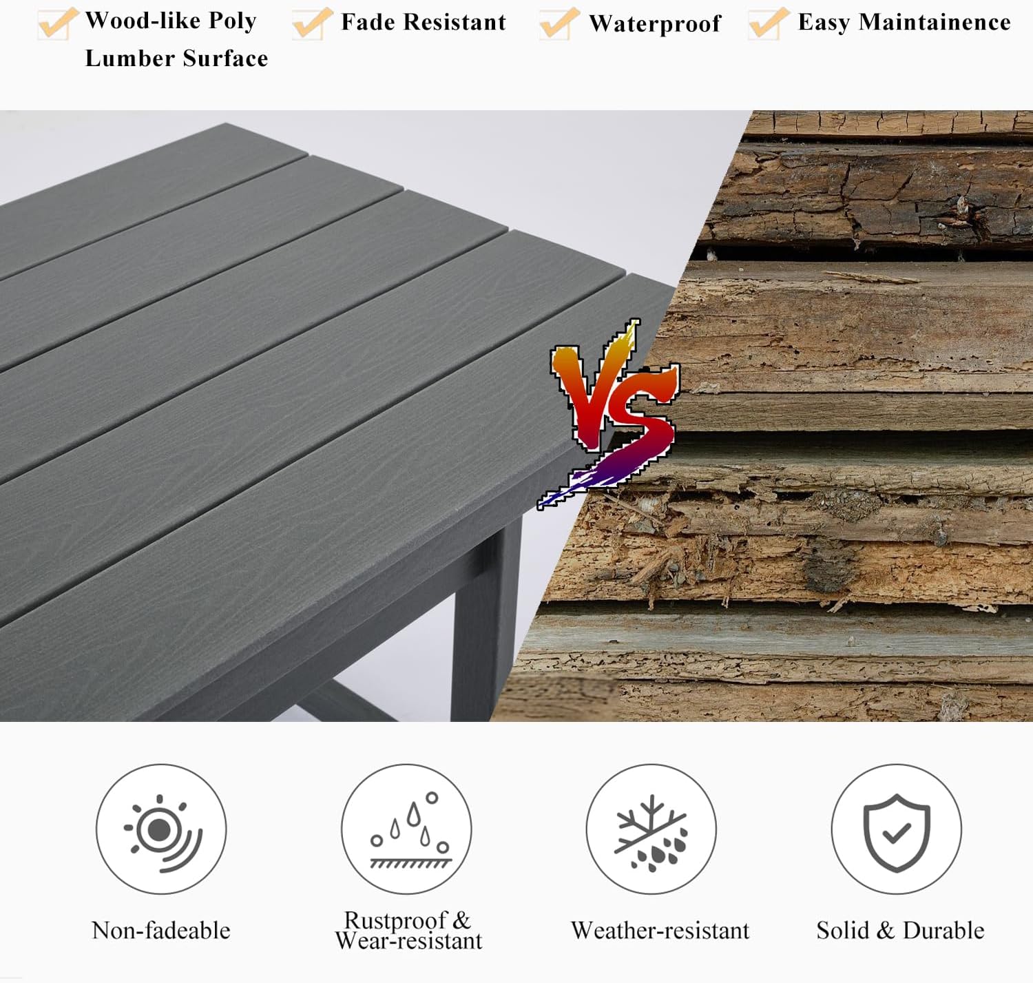 HDPE Outdoor Dining Table,35.5" All-Weather Square Table with 2" Umbrella Hole for Patio Lawn Garden Backyard,Gray