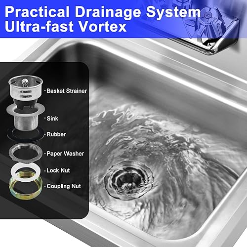 Vista 5 de Giantex Fregadero de lavado de manos de acero inoxidable, fregadero comercial con grifo, colador, salpicaduras traseras, lavabo de mano comercial