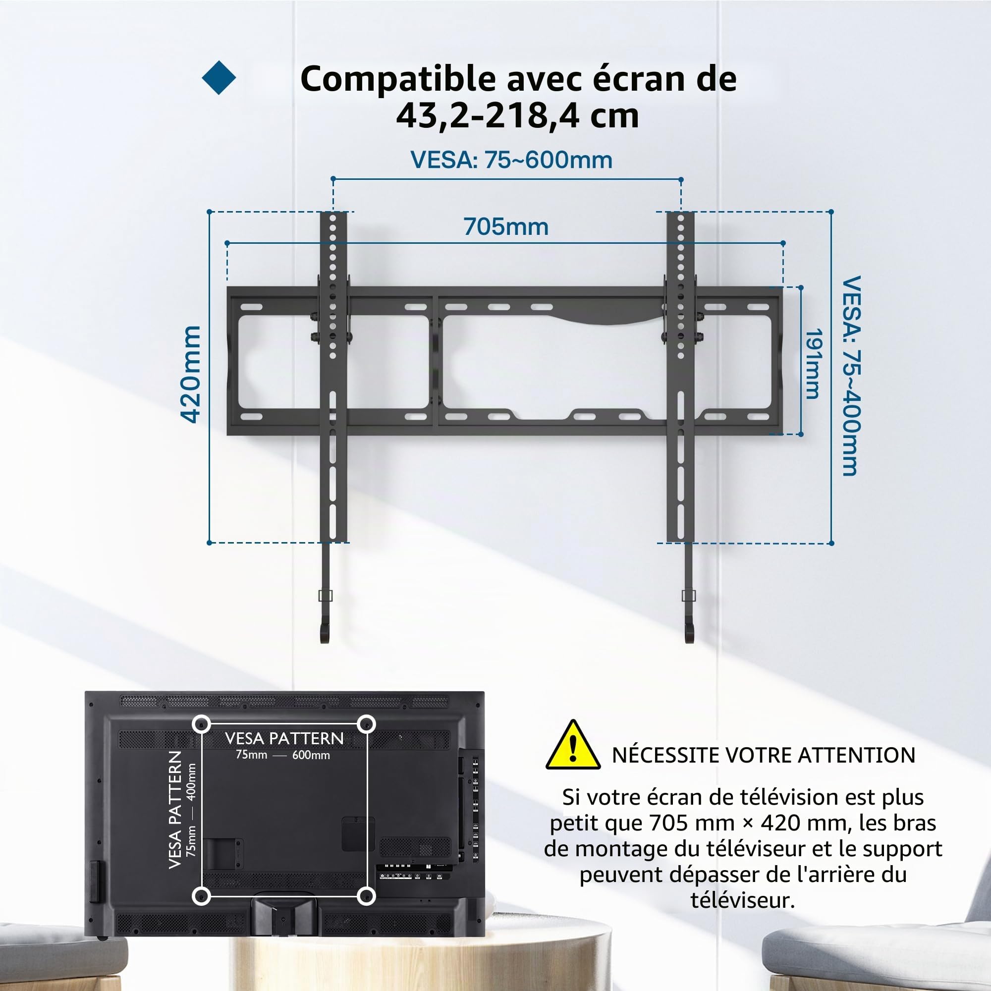 BONTEC Support Mural TV 17-86 Pouces, Fixation Murale Inclinable jusqu'à 75 kg, Compatible VESA 75x75 à 600x400mm, Support TV Mural Orientable avec Niveau à Bulle et Attaches de Câble Inclus