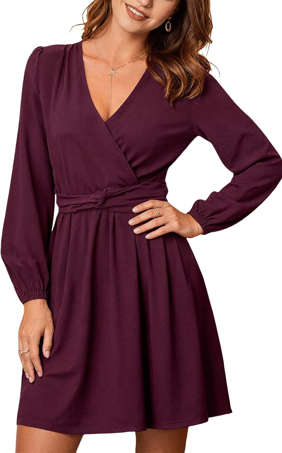 CUPSHE Women's Mini Dresses Casual V Neck Long Lantern Sleeves A-Line Elegant Vacation Dress