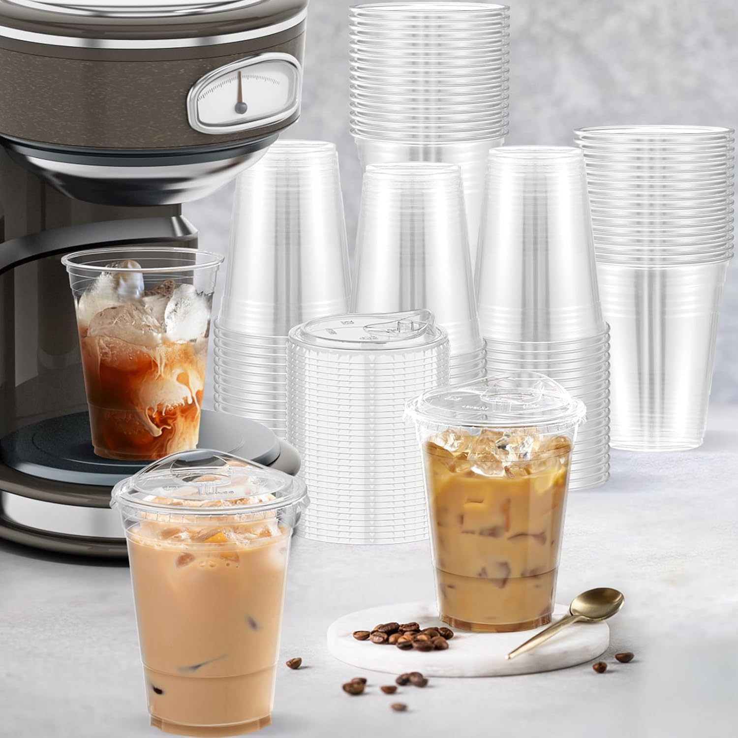 KAHEIGN 50 Pièces Gobelets en Plastique Transparent avec Couvercles, 480ml Gobelet à Café en Plastique Réutilisable Verres Élégants pour Glacé Café Smoothie Milkshake Froides Boissons Fêtes Traiteur