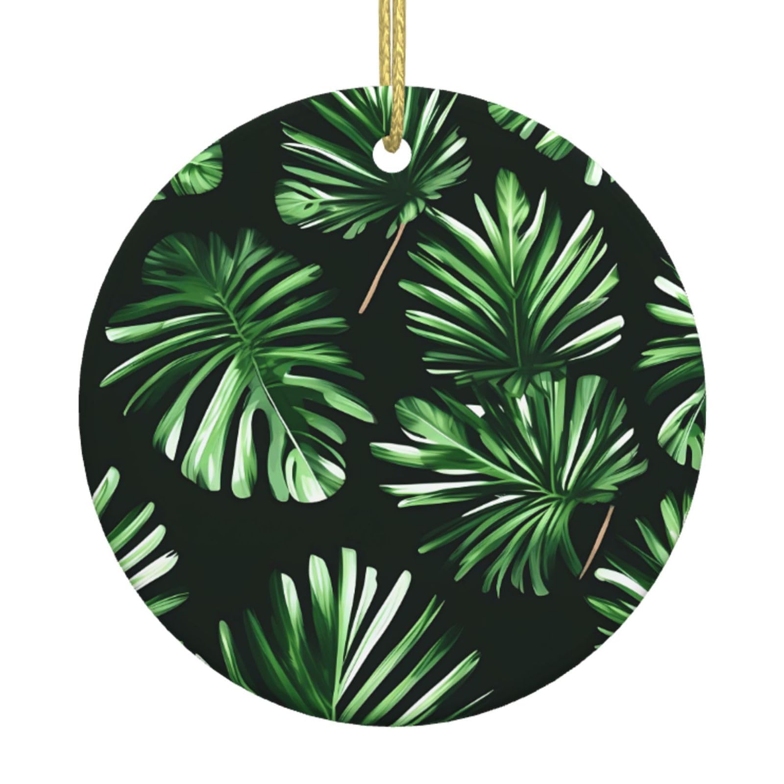 Green Leaves Of Palm Tree Tropical Plant Print Christmas Ornaments, Ceramic Hanging Ornament, Round Shape Decorations