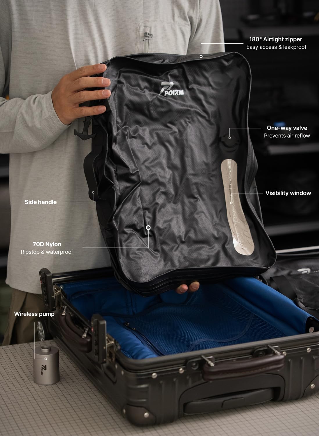 Bolsas de vacío para viajes con bomba inalámbrica, cremallera abierta de 180°, impermeable IP67, bolsas de compresión reutilizables que ahorran espacio para mochila, maleta, almacenamiento en el