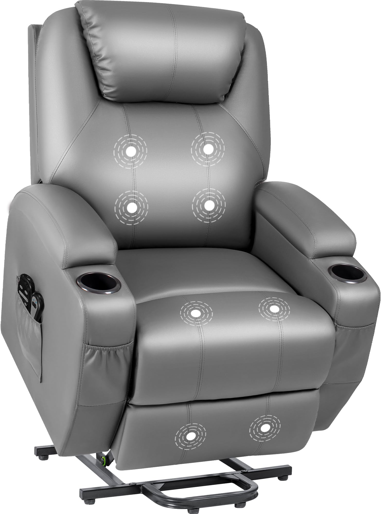 JUMMICO Power Lift Recliner Chair with Massage for Elderly PU Leather Modern Reclining Sofa Chair with Cup Holders, Remote Control, Adjustable Furniture (Gray)