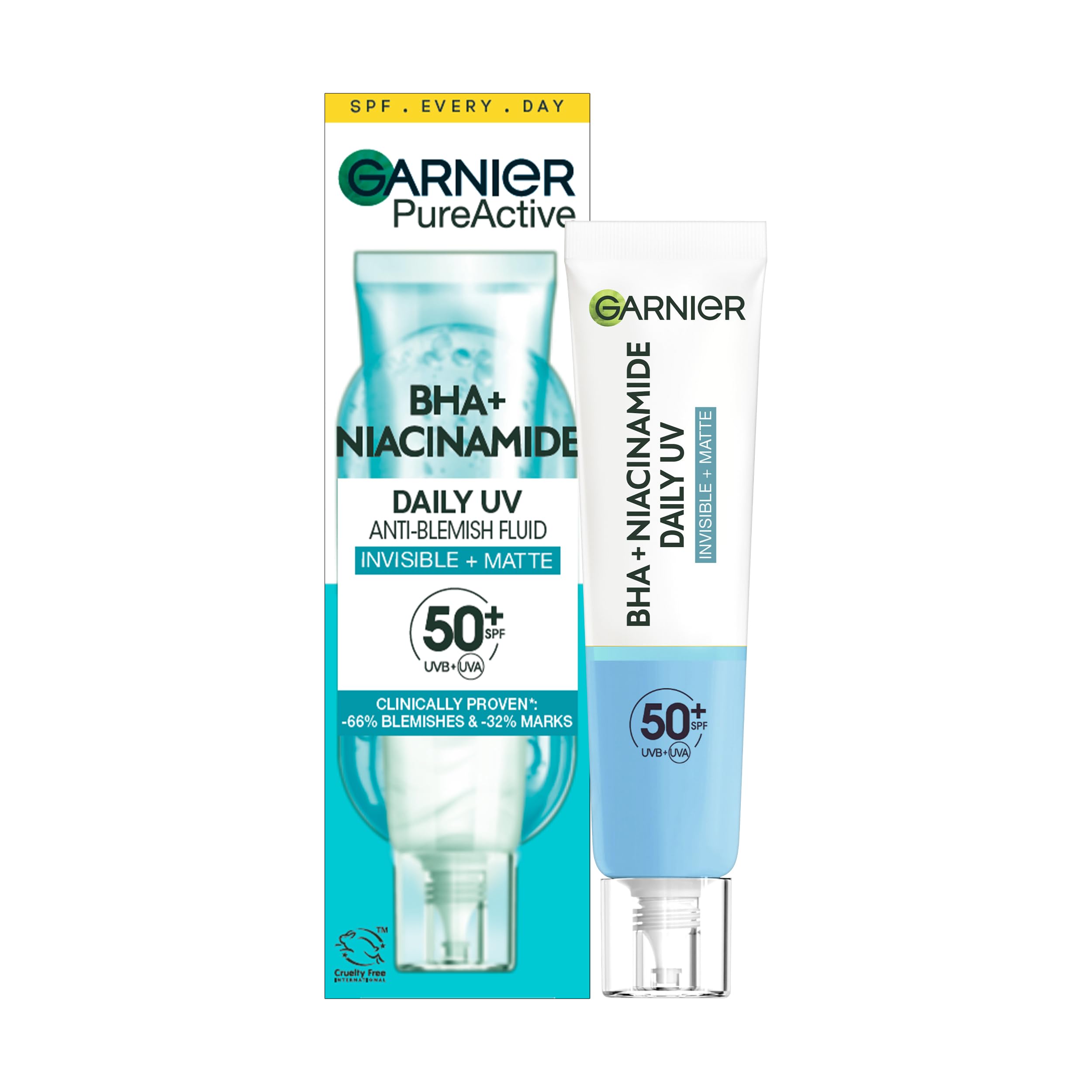 Garnier Anti-Unreinheiten Fluid Invisible + Matt mit LSF 50+, für hohen UV-Schutz und Milderung von Unreinheiten, Hautklar BHA + Niacinamid Daily-UV, 40 ml