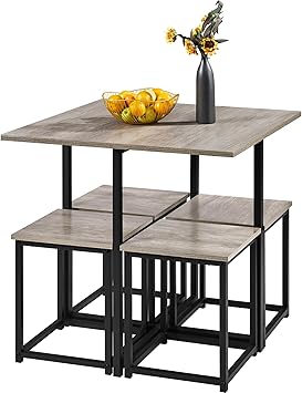 Topeakmart 5 Piece Kitchen Table & Chair Set, Dining Table Set w/Square Table & 4 Backless Stools, Breakfast Nook Sets for Kitchen, Dining Room, Gray