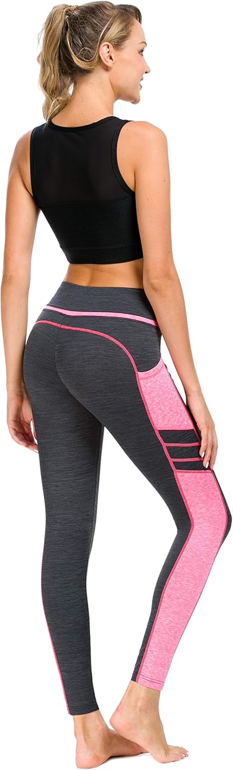 Sugar Pocket Women's High Waist Yoga Leggings Tummy Control Workout Running Pants with Side Pockets M(Light Grey/Pink)