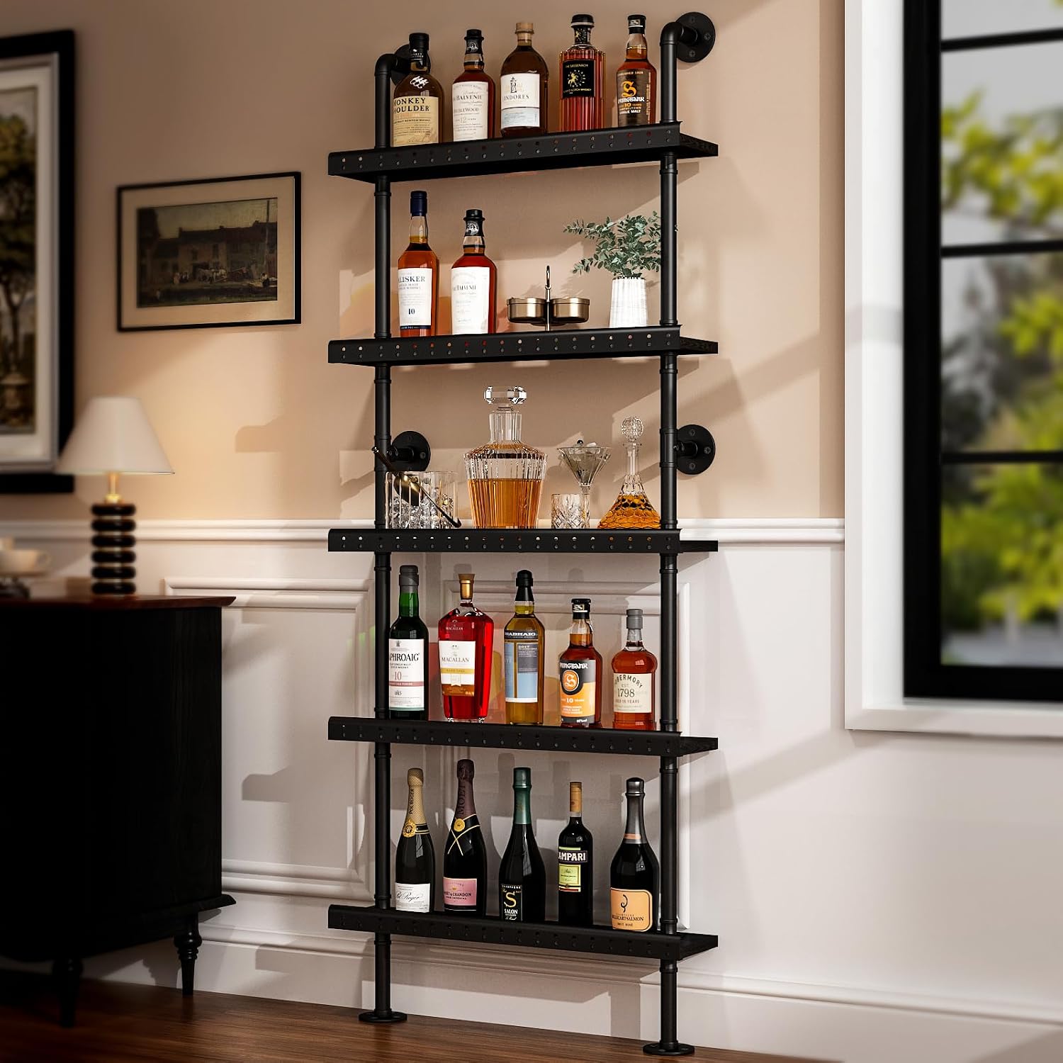 METYERRY 5-Tier Industrial Bar Shelves Wall Mounted, 78" Tall Pipe Wine Rack with Anti-Fall Guards, Wall Mounted Bar Shelves for Home Bar, Bourbon, Whiskey, Kitchen & Dining Room, Black