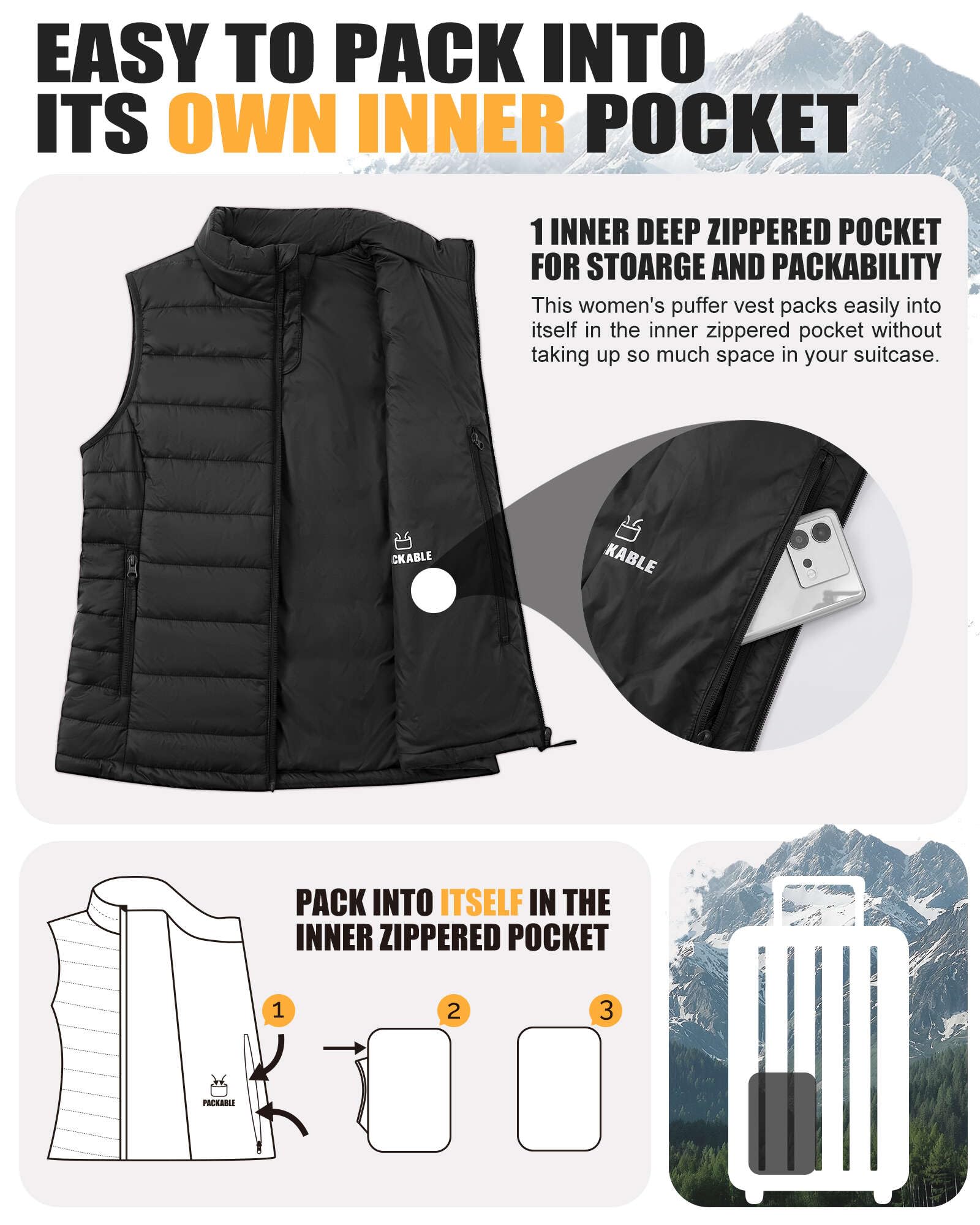 Outdoor Ventures Chaleco acolchado para mujer, chaleco de entretiempo plegable, chaleco deportivo híbrido con forro para mujer, cálido, chaleco de ciclismo con cuello alto para senderismo, camping