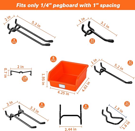 Peg Board,Black 6 Pack Metal Pegboard Panels Pegboards Wall Organizer with 296 PCS Extra Thick Pegboard Hooks for Walls Home, Garage Tool Storage, Workbench, Craft Room, Kitchen