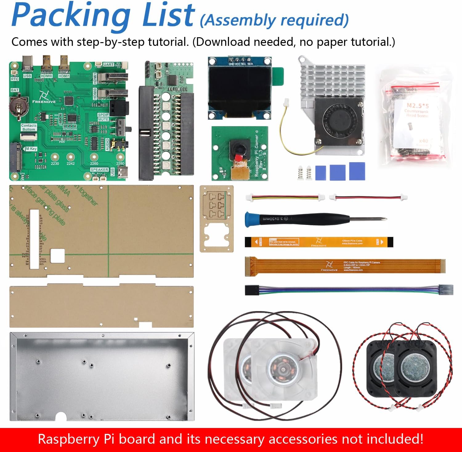 FREENOVE Computer Case Kit for Raspberry Pi 5 with Cooling Fan, M.2 NVMe SSD Slot 1231 MB/s, 5 MP Camera, 0.96 Inch OLED Screen, Built-in Stereo Speakers, 3.5 mm and Optical Audio (S/PDIF)