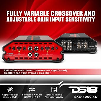 DS18 SXE-4000.4D/BK Car Amplifier Stereo, Full Range Class D, 4-Channel, 275 x 4 RMS @ 4 OHM 4000 Watt - Powerful and Compact Amplifier for Speakers in Car Audio System