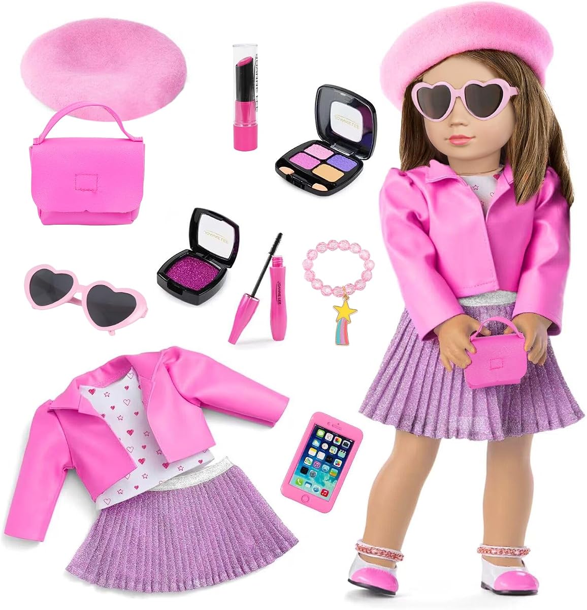 Accesorios de maquillaje para muñecas americanas de 18 pulgadas, juego de bolsa de ropa para muñecas de 18 pulgadas | Incluye boinas, trajes, gafas de sol, teléfono, sombra de ojos, lápiz labial, colorete, pulseras, cepillo de pestañas, juguetes (sin muñeca ni zapatos)