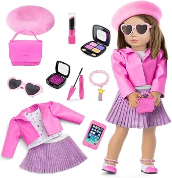 American 18 Inch Doll Makeup Accessories And Clothes,Tote Bag Set For 18" Dolls Include Berets Outfits Sunglasses Phone Eye Shadow Lipstick Blusher Bracelets Eyelash Brush Toy StuffNo Doll And Shoes