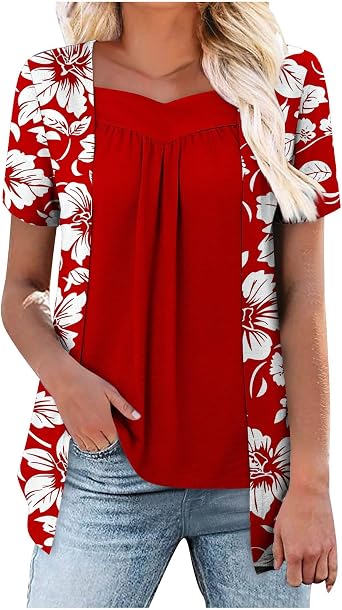 Women Summer Short Sleeve Tops Fake Two Piece Loose Fit Pleated Layered Blouse Shirt Fashion Floral Tunic Tops