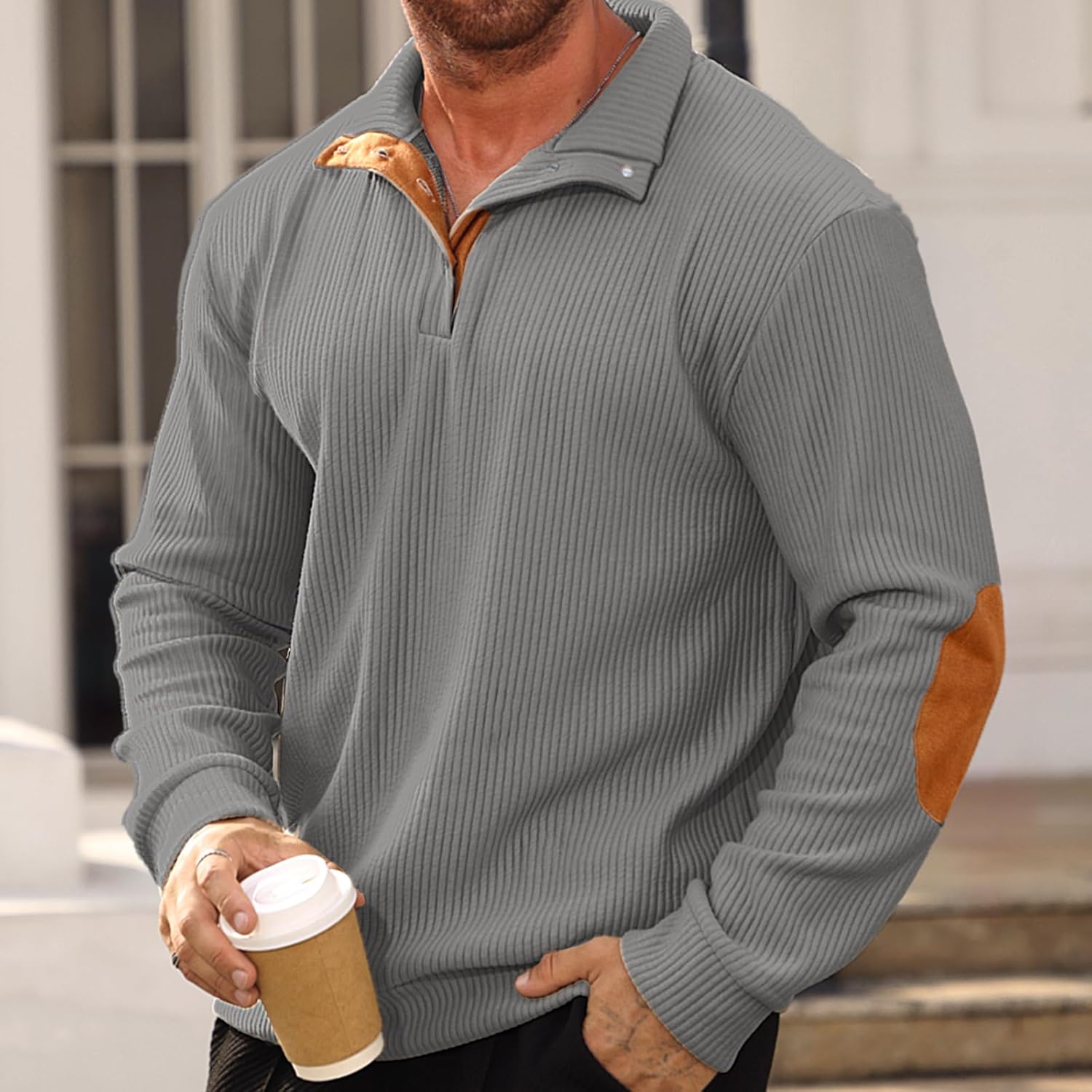 Men's Quilted Sweatshirt Casual Corduroy Quarter Button Up Pullover Long Sleeve Stand Collar Polo - Image 4