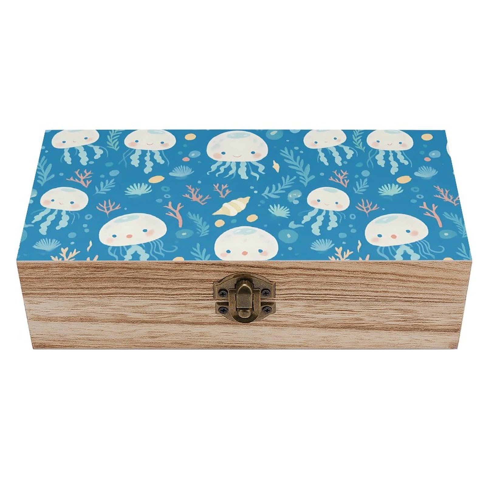 Oudrspo Cute Cartoon Jellyfish And Coral Retro Wooden Storage Box Keepsake Jewelry Decorative Art Storages Box Gift Boxs