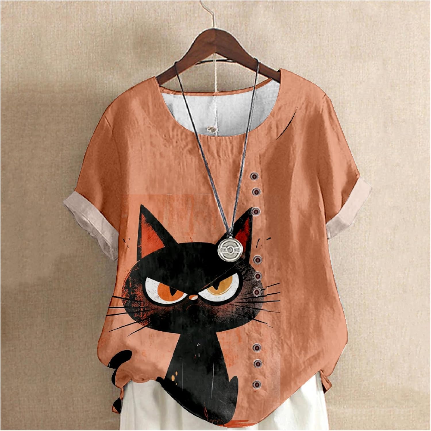 T Shirts for Women Cute Cat Print Short Sleeve Crewneck Summer Fashion Vintage Dressy Casual Tunic Blouses - Image 2