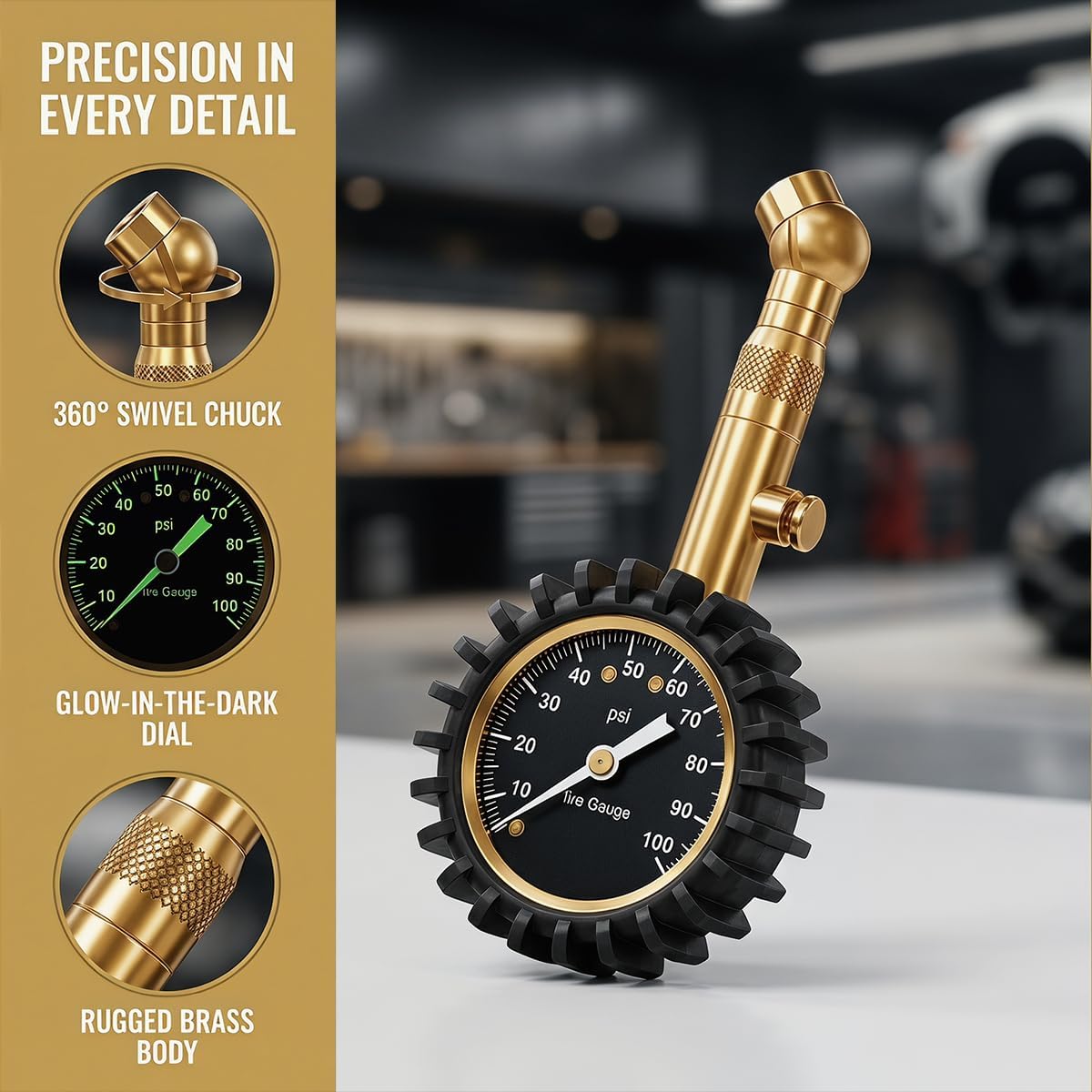 Car Tire Pressure Gauge, 0-100 PSI Easy-Read Vehicle Tire Air Pressure Gauge, Accurate Automotive Tirepressure Accessories with Large Dial, Universal Fit (Golden)