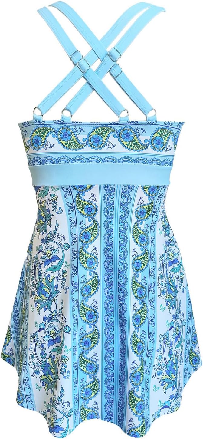 Lu's Chic Women's 2 Piece Tankini Swim Dress Skirted Bathing Suit Modest Ruched Padded Criss Cross Back Swimdress