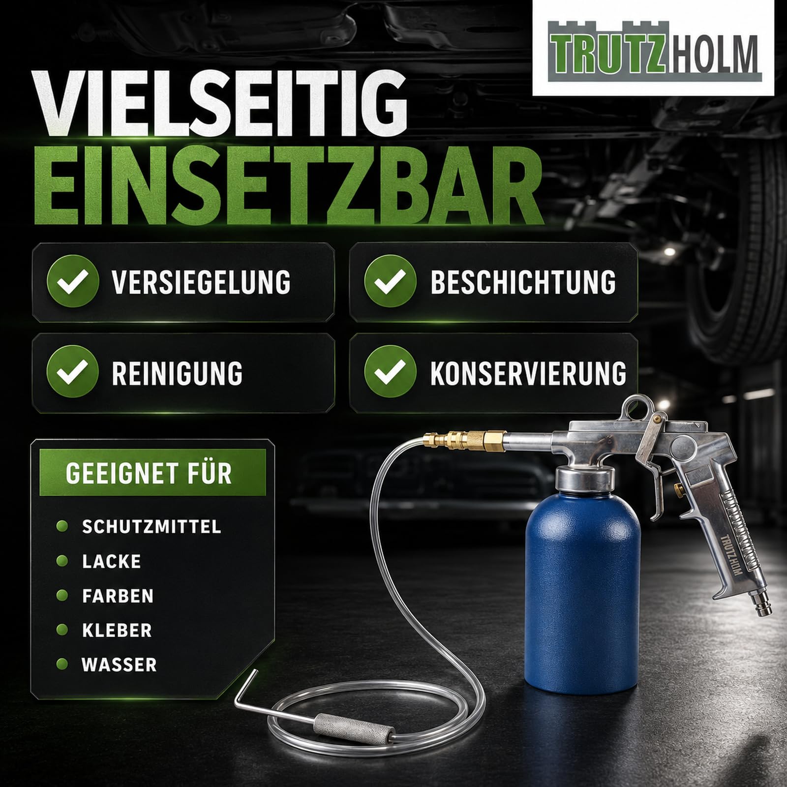 TRUTZHOLM Druckbecherpistole mit 1100 ml Tank aus robustem Stahl 4-6 bar 1/4" Lufteinlass Hohlraumpistole zur Hohlraumversiegelung Unterbodenschutz inkl. Schläuche Hakendüse Runddüse