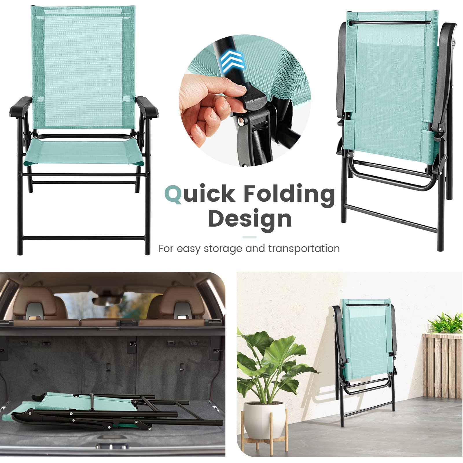 KOMFOTTEU Set di 2 sedie pieghevoli da balcone, portatili, da giardino con schienale, per terrazze, resistenti alle intemperie, pieghevoli, per giardino, balcone, terrazza (verde menta)