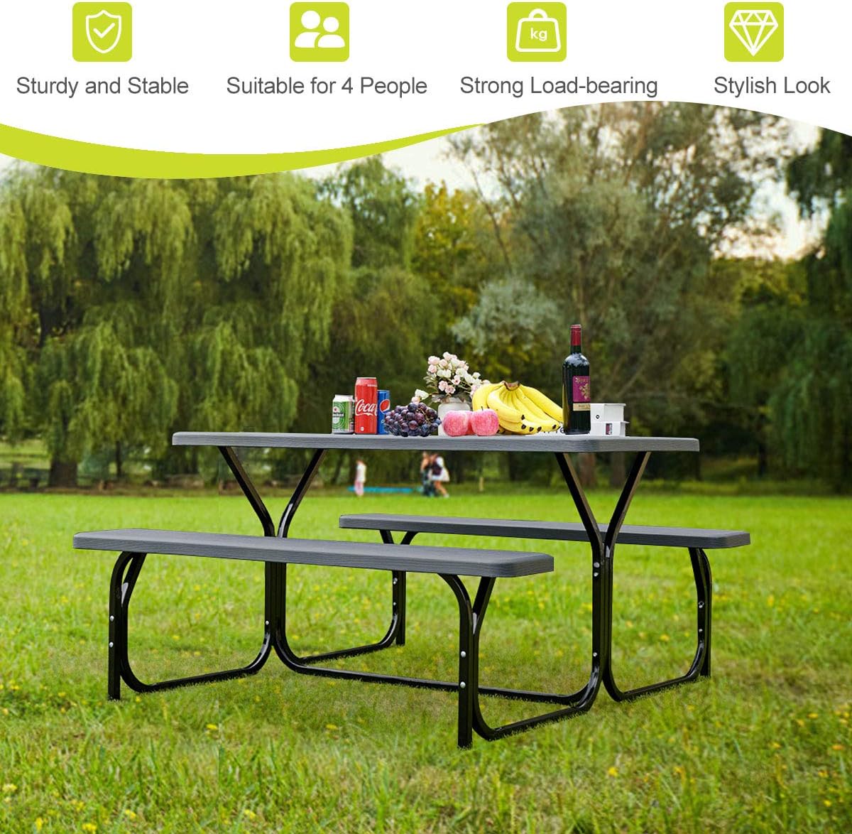 GYMAX Picnic Table, Picnic Bench Easy to Assemble w/All Weather Wood Grain Tabletop & Metal Frame, Picnic Tables for Outdoors Camping Backyard Deck Patio Poolside Dining Party