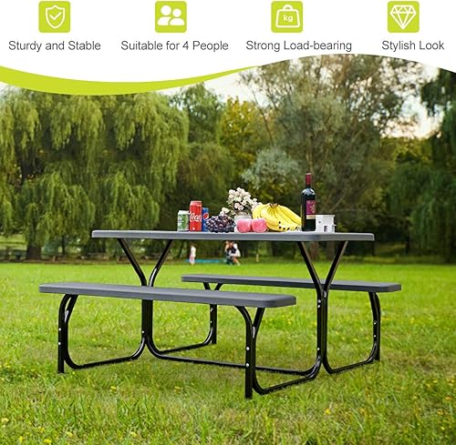 Miniatura 8 de GYMAX Mesa de pícnic, banco de picnic fácil de montar con mesa de grano de madera para todo tipo de clima y marco de metal, mesas de picnic para