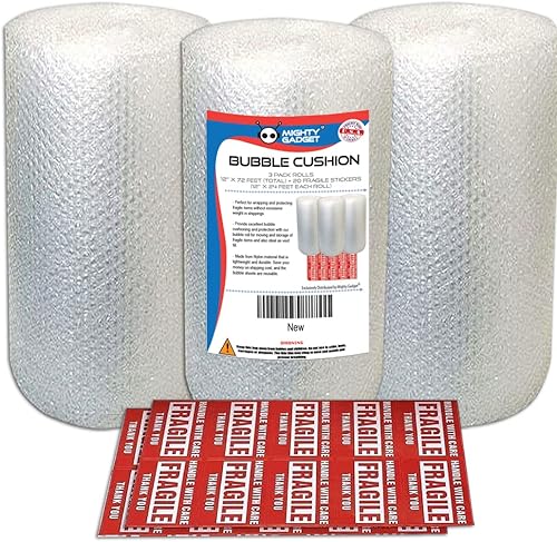 Paquete de 3 rollos de envoltura de amortiguación de burbujas, burbujas de aire, 12 pulgadas x 72 pies en total, perforados cada 12 pulgadas, 20