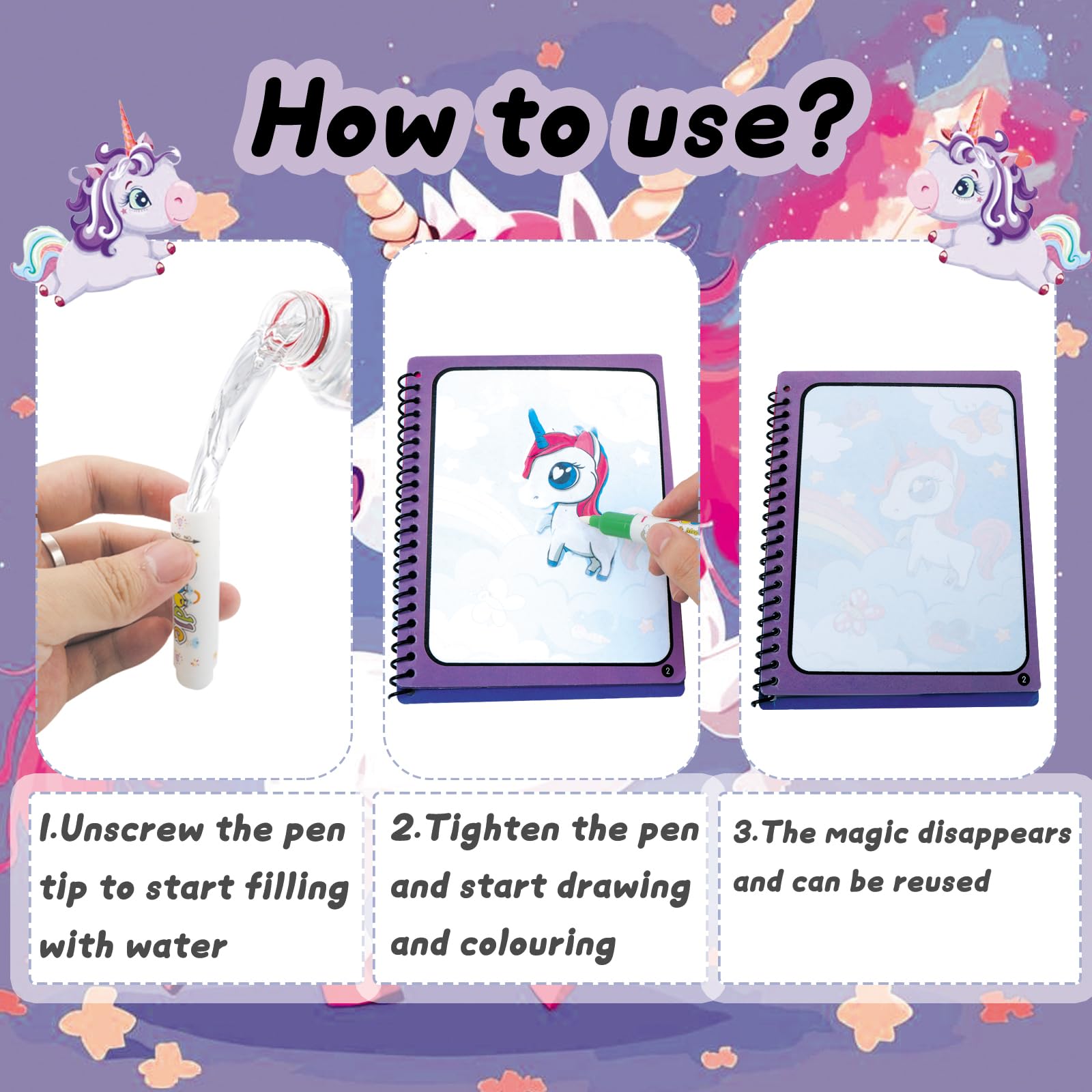 AYSYR Magic Water Malbuch Set, 7 Bücher + 7 Stifte – Wiederverwendbar, Fördert Kreativität, Für Kinder