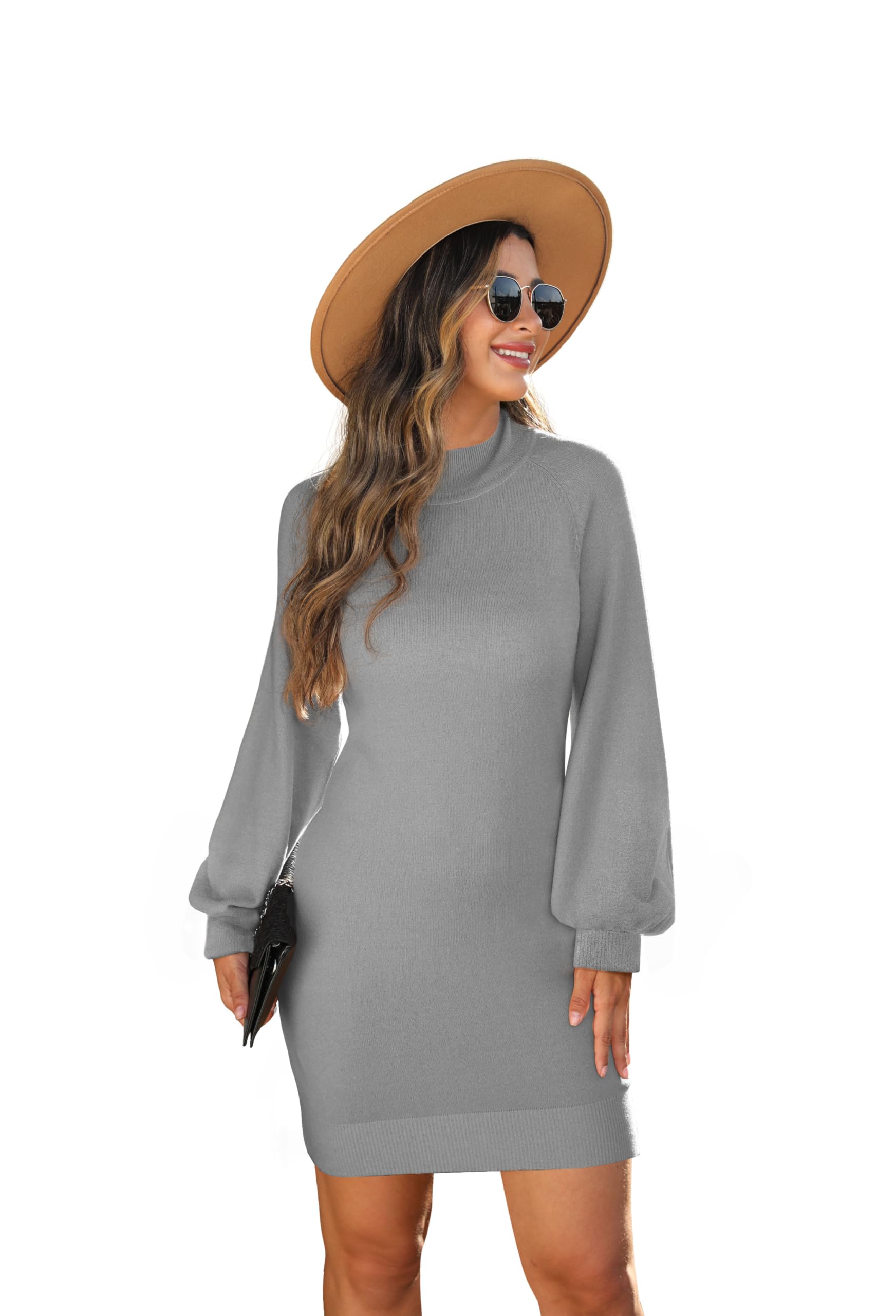 GRECERELLE Robe pull d'hiver moulante à manches longues et col montant pour femme