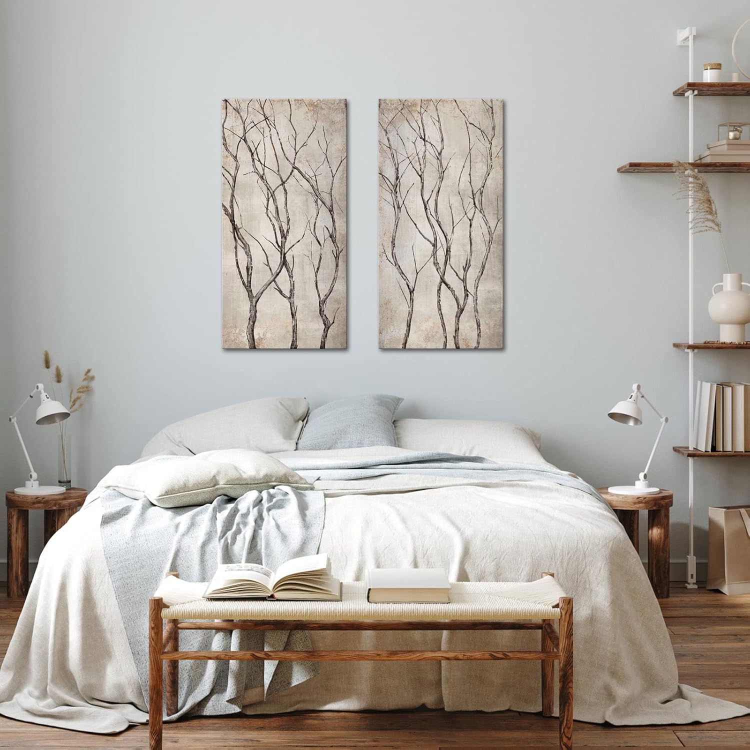 sechars Rustic Tree Branches Canvas Print Wall Art Beige Tree Painting Picture Vintage Brown Farmhouse Living Room Decorations 20"x40"x2PCS