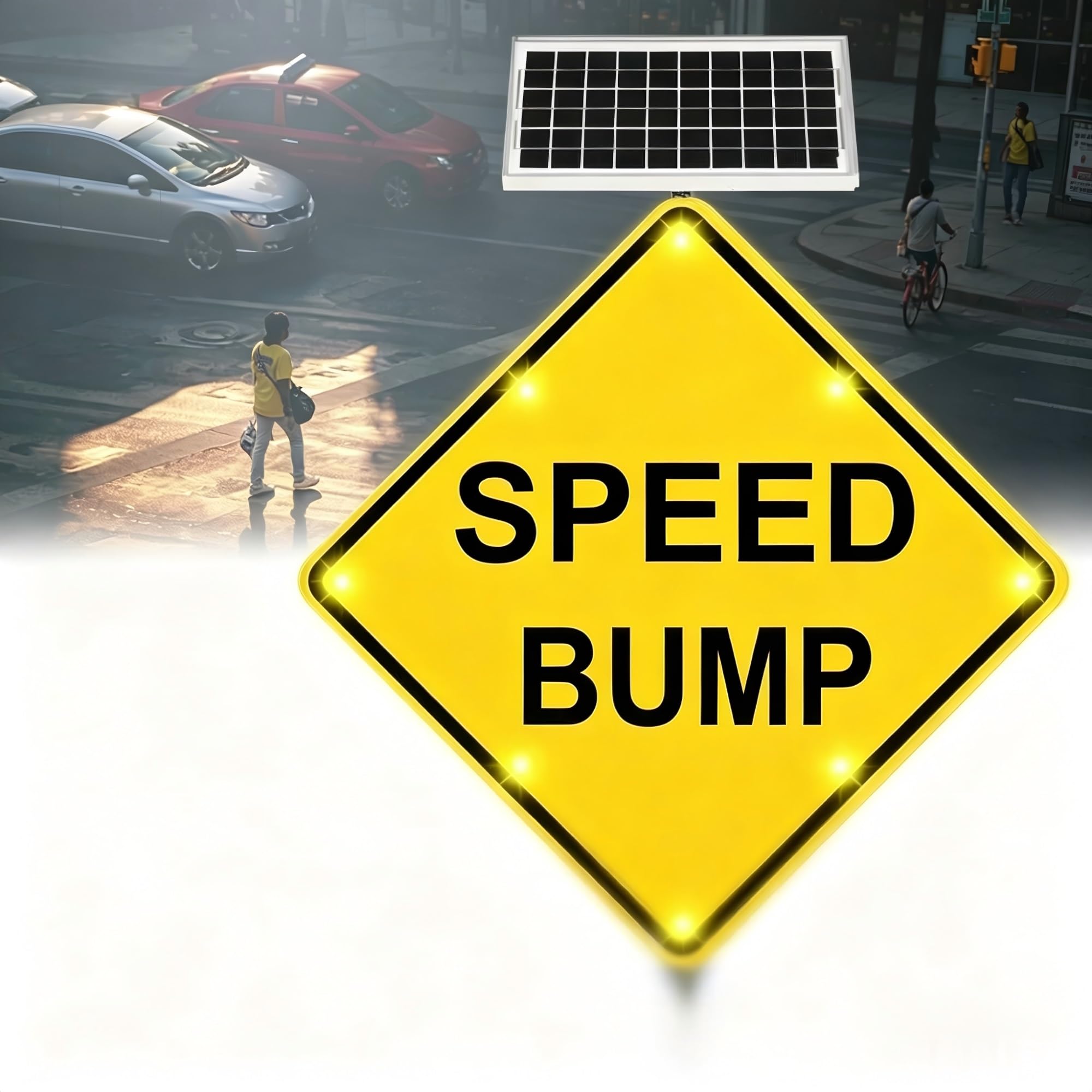 24" Solar Powered Speed Bump Sign - Reflective Aluminum Slow Down Warning Sign, Outdoor Traffic Road Safety Board for Driveway, Street & Parking Lot Renovation