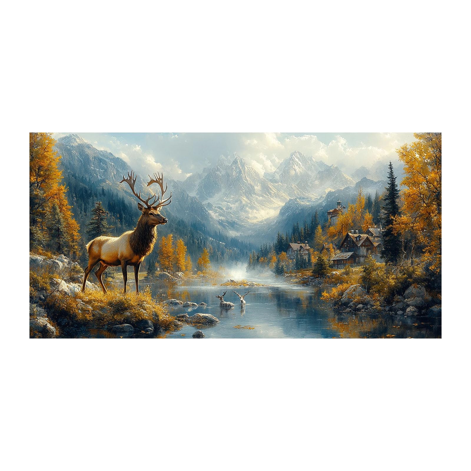 Lienzo de paisaje de montaña y lago en otoño dorado de 30x60cm 8