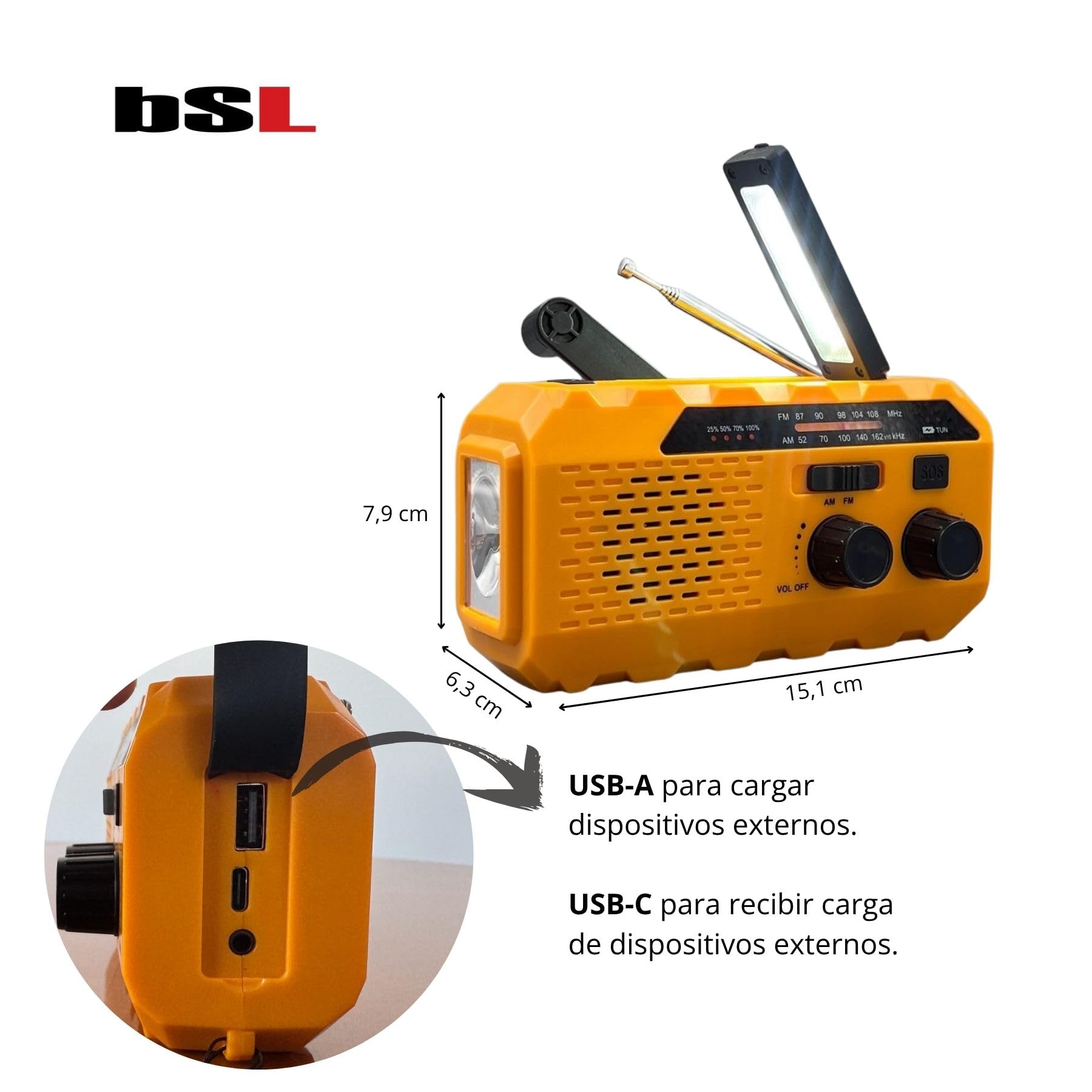 BSL Radio Portátil Am/FM CT-6127 | Carga Solar y manivela Dynamo | Linterna LED | Batería Recargable 2000mAh Almacenamiento y Carga Dispositivos externos | USB-A y USB-C.