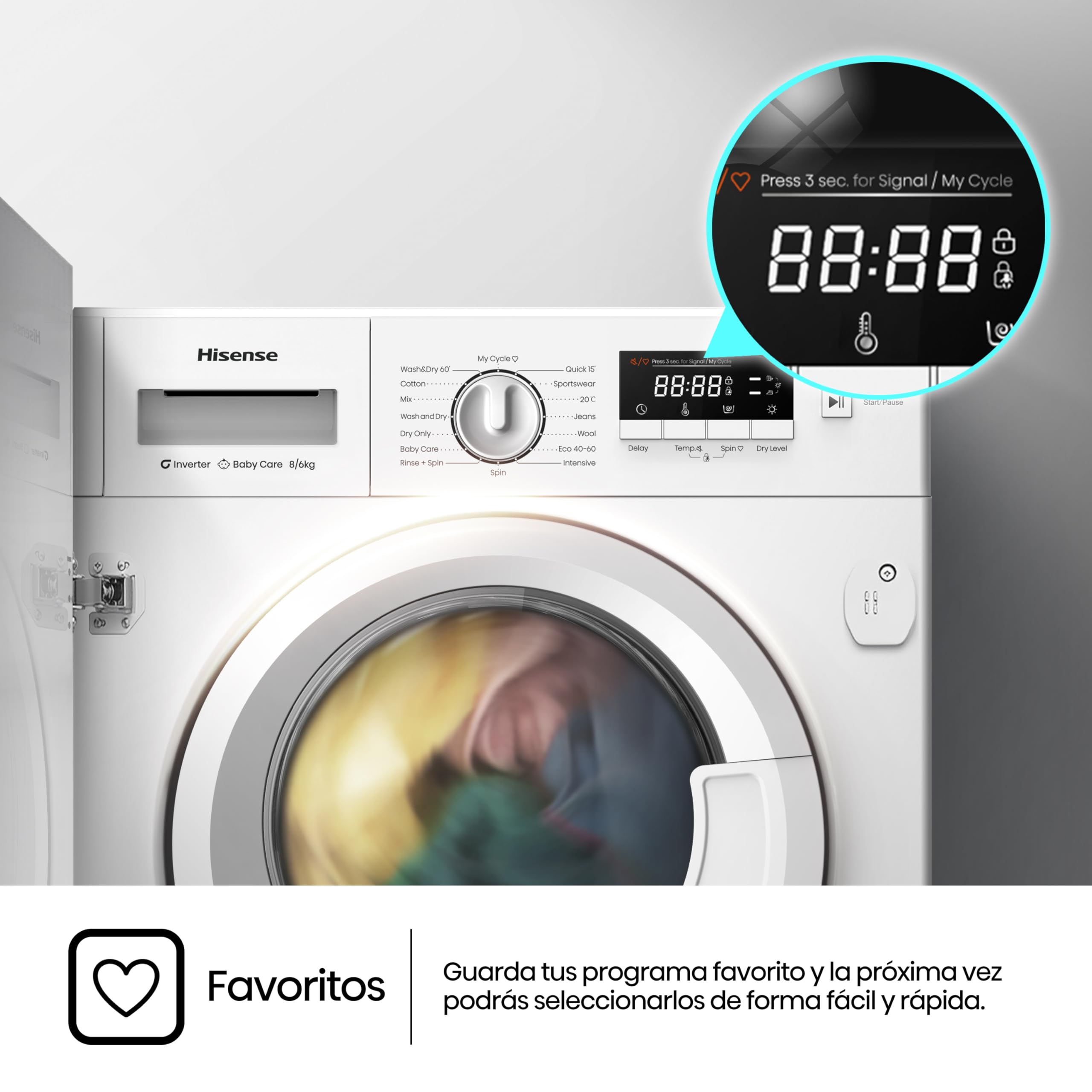 Hisense WD3M841BWIES - Lavasecadora, Clase E/B, 8kg/6 kg, Lavado Secado 1h, Pausar y Añadir, Finalización Diferida, Tecnología Inverter, Blanco