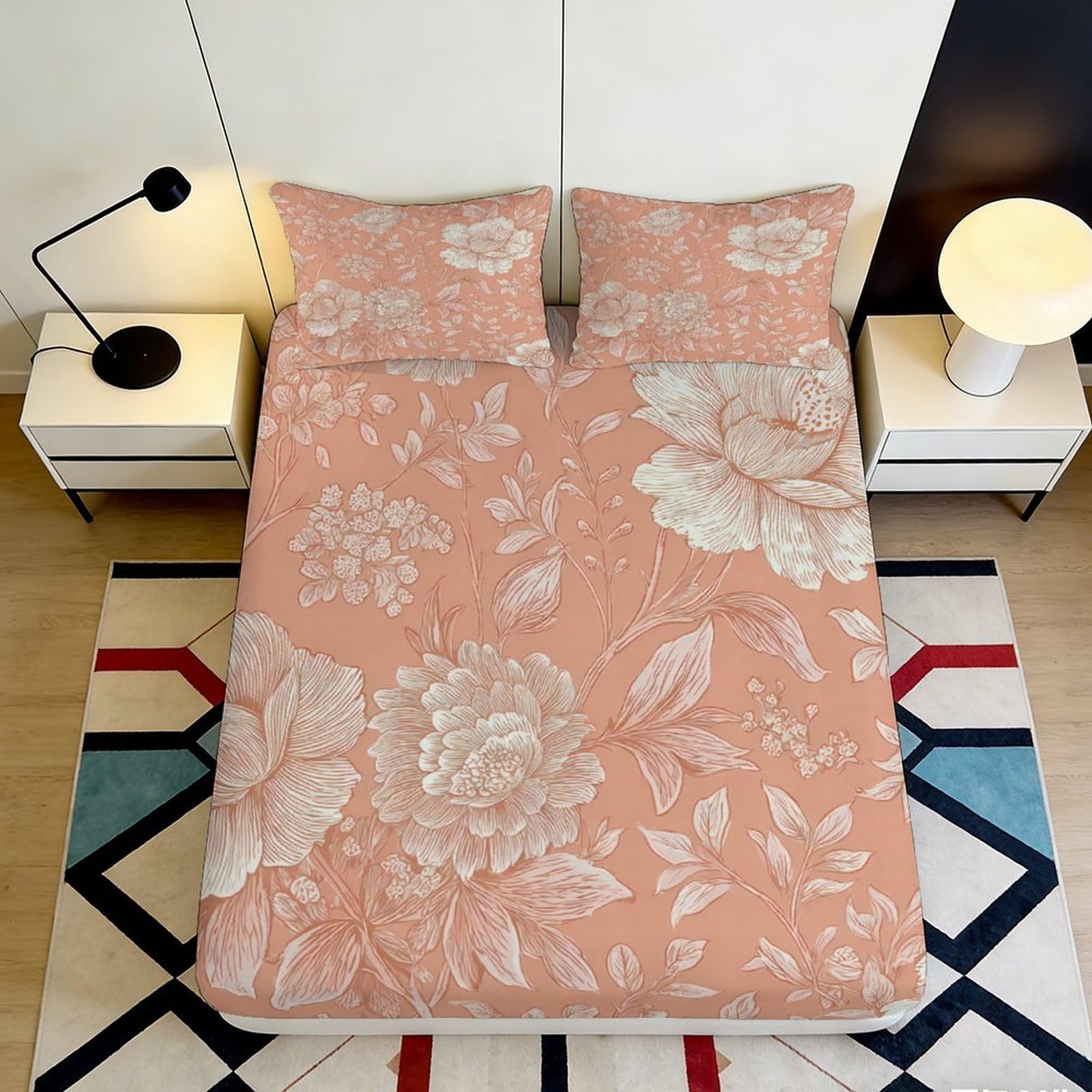 3D Printed Floral Peony Fitted Sheet Microfiber Soft Pink Botanical Blossom Mattress Cover Anti-Slip Machine Washable Decor for Bedroom Guest Room 90x200x25cm