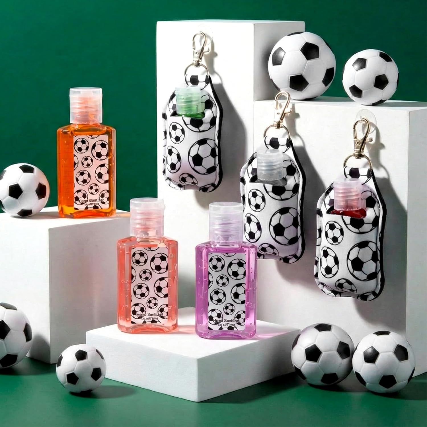 Frienda 48 Pack Soccer Party Favors Set 24 Pcs Mini Hand Sanitizers and 24 Pcs Keychain Holders Travel Size Sanitizers for Sports Soccer Party Supplies for Team Players Coaches Fans Gifts