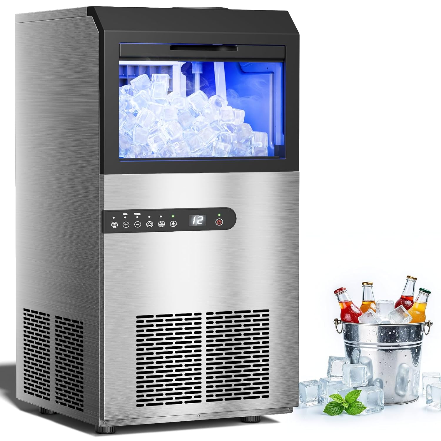 Commercial Ice Maker 120 Lbs/24H, Large Ice Making Machine with 33 Lbs Storage bin, Freestanding 11-20 Min and 45 Cubes/Cycle Industrial Ice Maker for Bar, Home, Restaurant, Coffee Shop