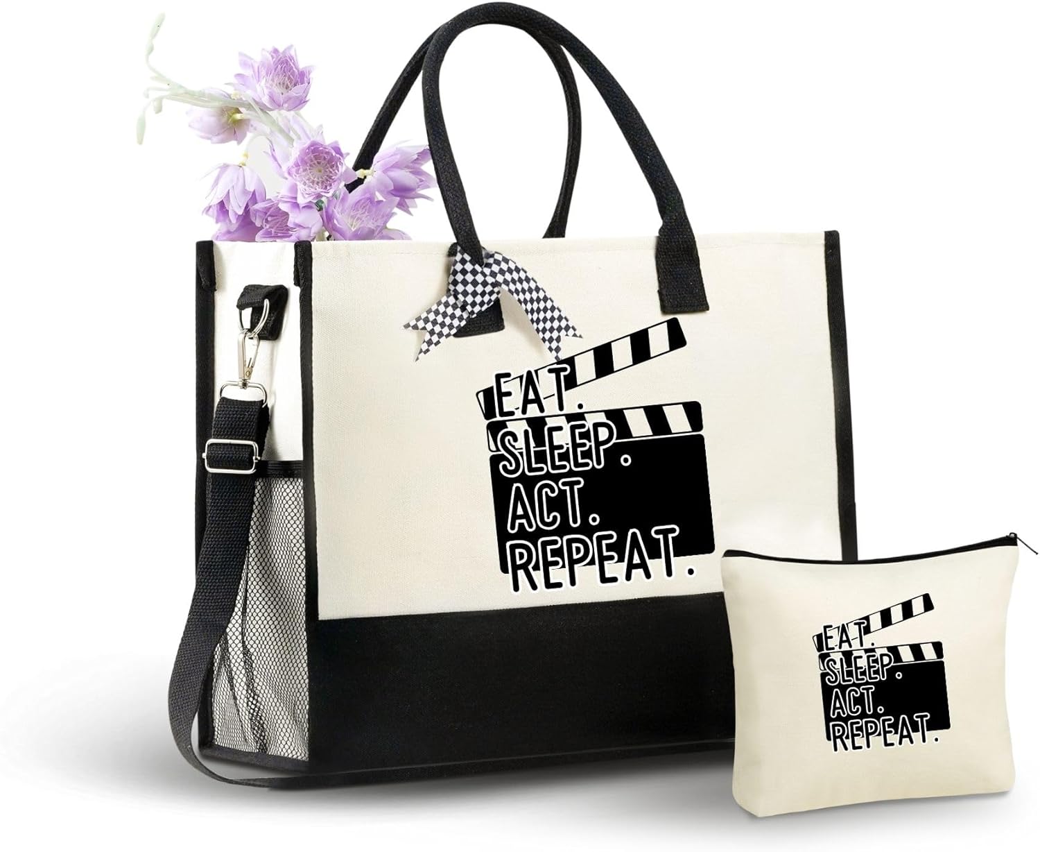 InnoBeta Theater Gifts for Women, Eat Sleep Act Repeat, Canvas Tote Bag for Actress, Daughters, Friends, Coworkers, Bag with Top Zipper Closure and Shoulder Strap for Birthday