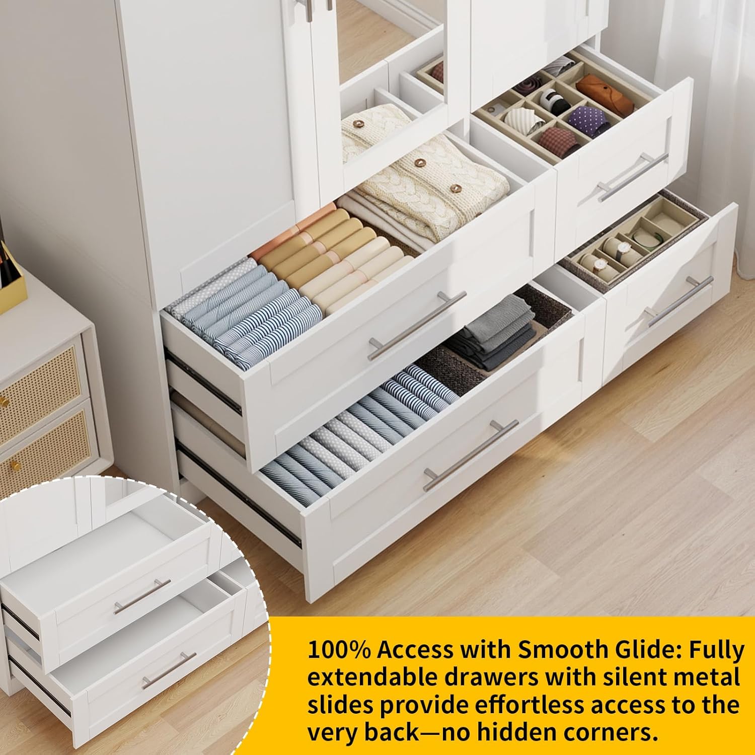 Armoire Wardrobe Closet with 8 Deep Drawers, Wooden Wardrobe Closet with Doors and Shelves, 71" Tall Large Wardrobe Bedroom Armoires with Center Mirror & Hanging Rod, Set of 2, White