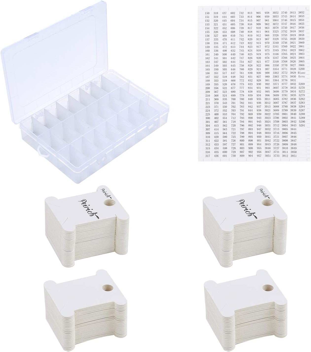 Peirich Embroidery Floss Organizer Box - 24 Compartments with 100 Hard Floss Bobbins and 459 Color Number Stickers