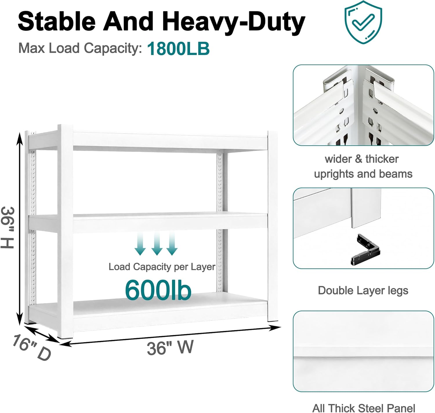 3-Tier Metal Storage Shelving Unit White 16" D x 36" W x 36" H, Adjustable, 1800 lbs Capacity, Heavy Duty, Storage Organizer, for Garage, Home, Bathroom, Laundry, Storage Rack