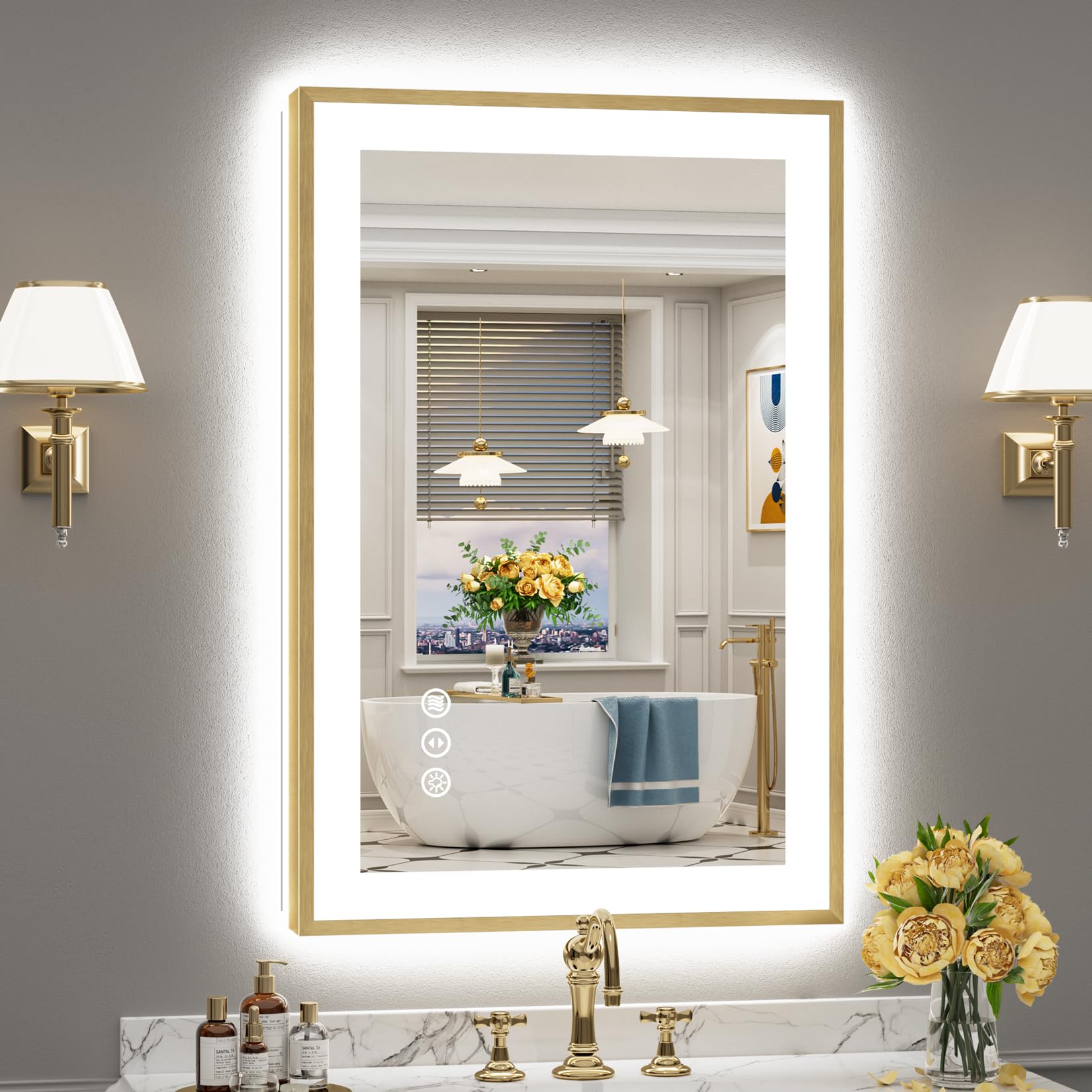 24x36 Gold LED Bathroom Mirror with Lights, Lighted Vanity Mirror