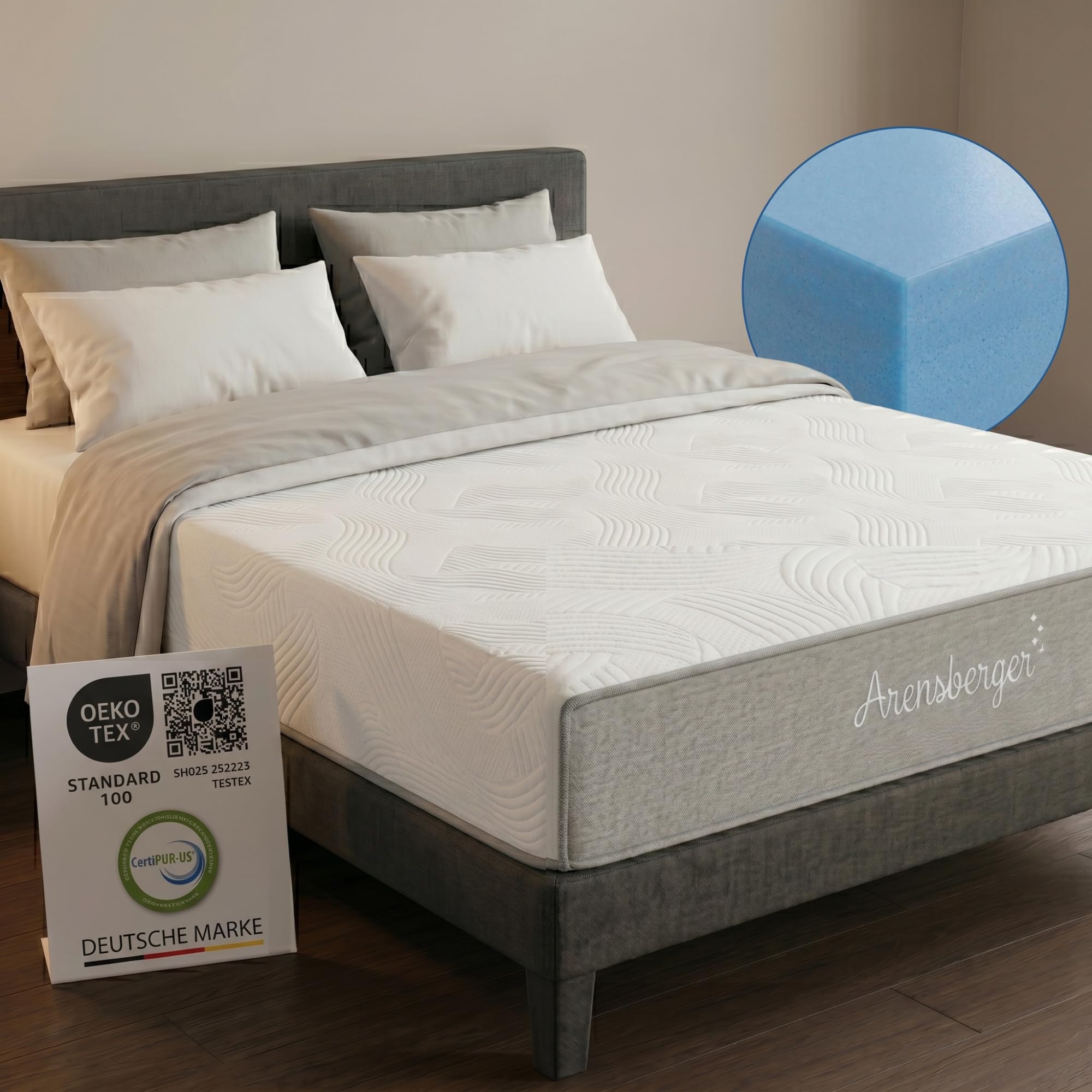 Arensberger LINA Schaumstoff Matratze 160x200 cm – 11 cm NANOCELL Gel-Schaum, H3, atmungsaktiv, abnehmbarer Bezug 240 g/m², waschbar bis 60°C, Rollmatratze