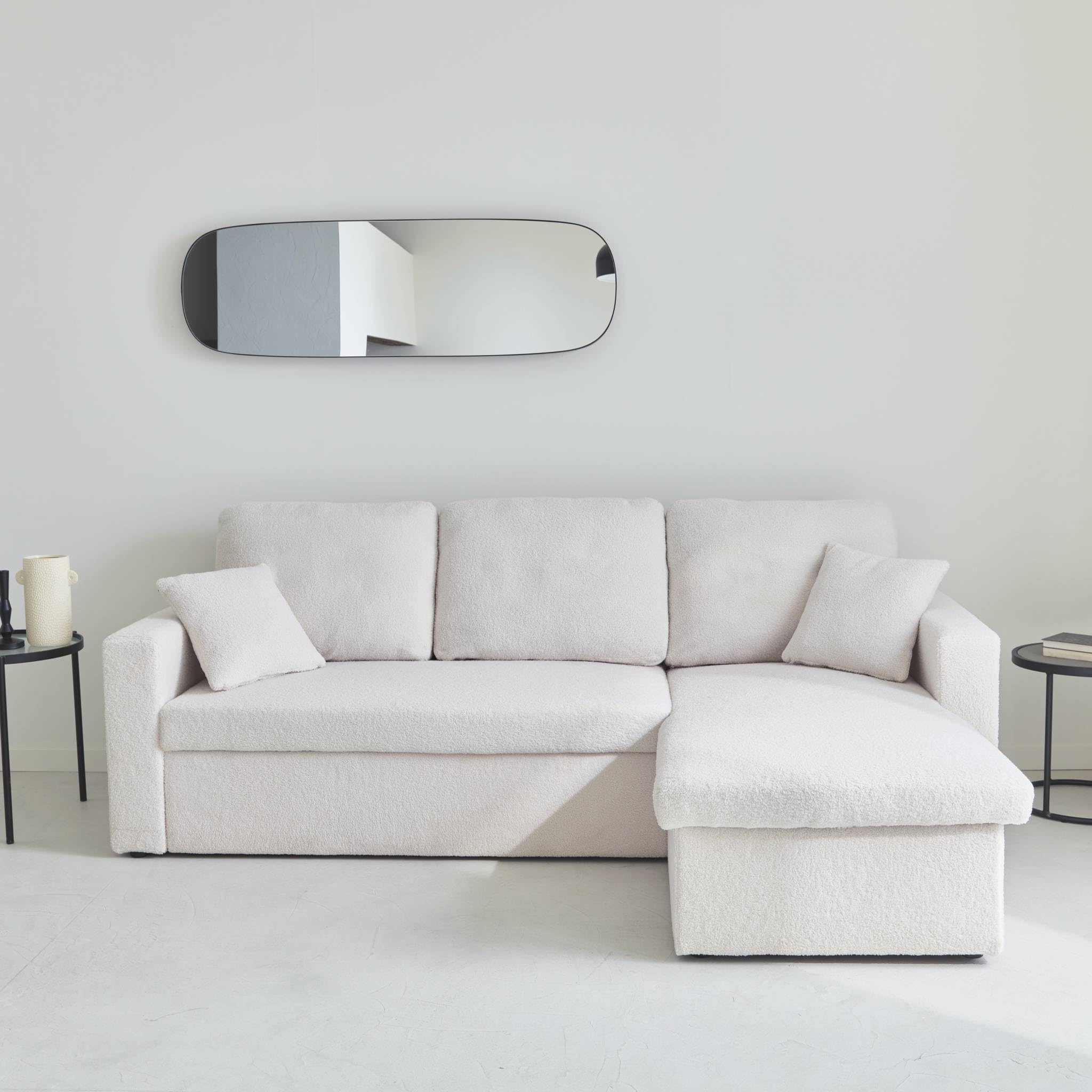 sweeek - Canapé d'angle Convertible en Tissu bouclettes crème - IDA - 3 Places. Fauteuil d'angle réversible Coffre Rangement lit modulable