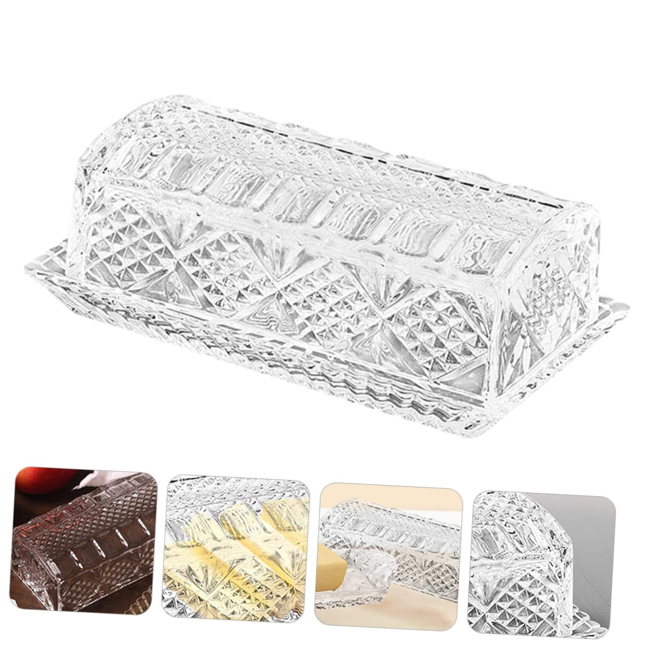 MUCKLILY 1Pc Elegant Relief Pattern Glass Butter Dish with Lid Transparent Storage Container for Butter and Snacks for Home Kitchen and Banquets