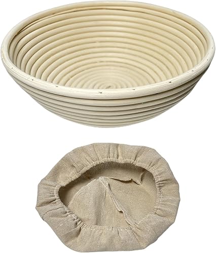 Cesta redonda de 9 pulgadas con forro de tela, cesta de pan artesanal para masa idealmente probada, cesta de pan de ratán hecha a mano de alta