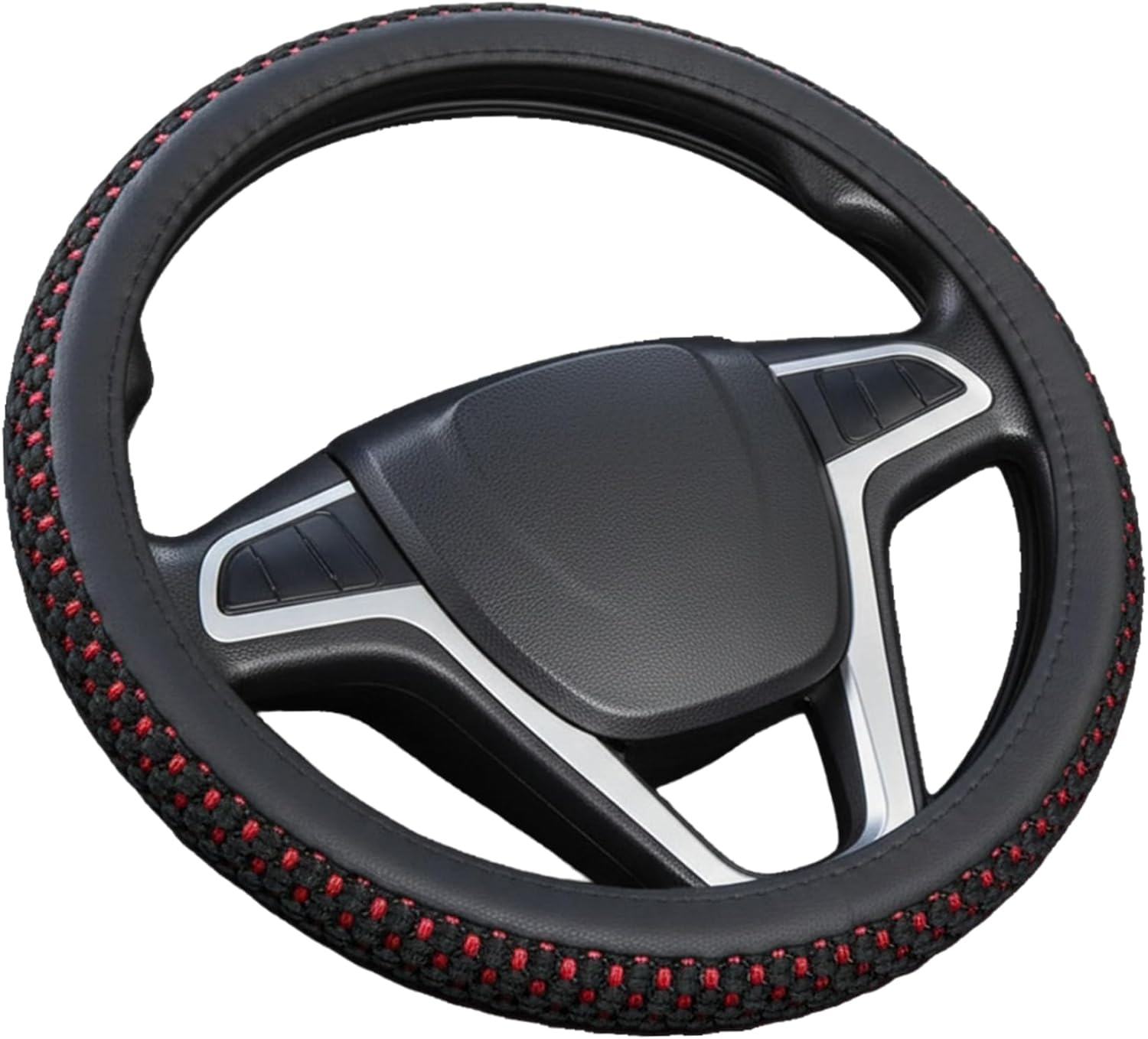 Black Steering Wheel Cover, 18" Breathable Steering Wheel Cover Leather with Red Stitching Anti-Slip & Comfortable for Vehicles