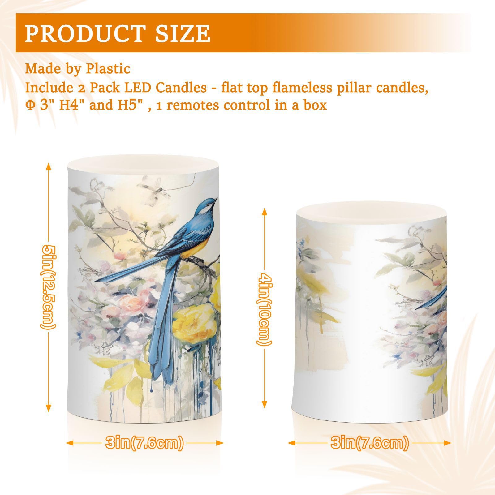Set di 2 candele votive a pilastro a LED, a forma di uccellino blu primaverile con fiori gialli, senza fiamma, funzionamento a batteria, con timer remoto, per interni ed esterni